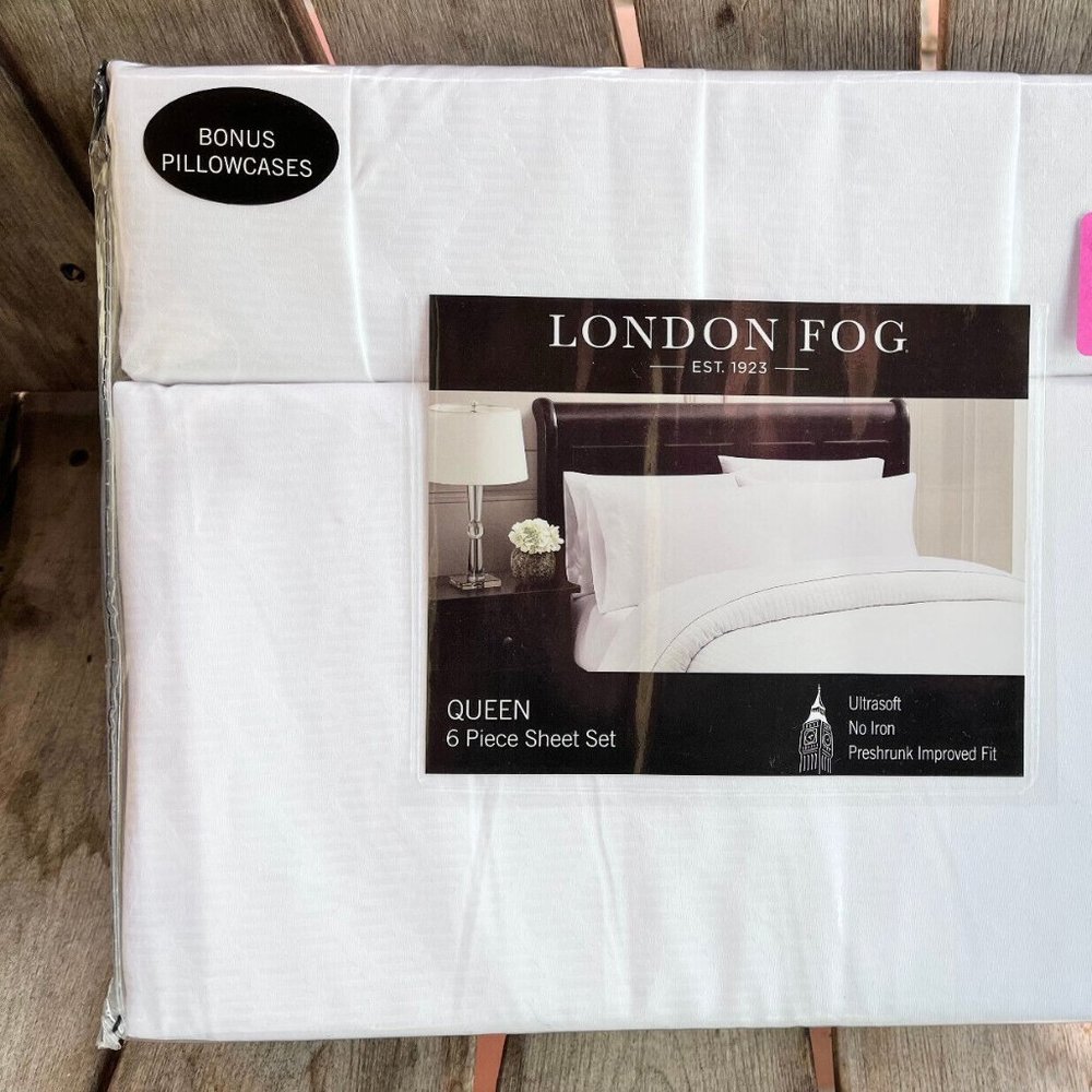 6-pc London Fog QUEEN SIZE Sheet Set - BRIGHT WHITE - (2 BONUS PILLOWCASES)